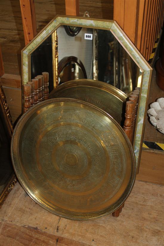 Benares tray on stand and an octagonal mirror